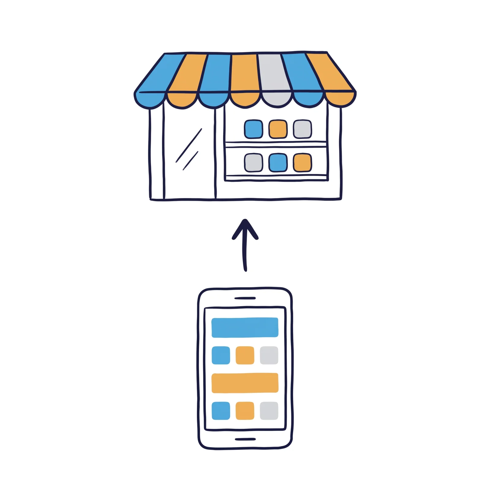 スマートフォンのアプリが、店の棚に並ぶまでを示した図