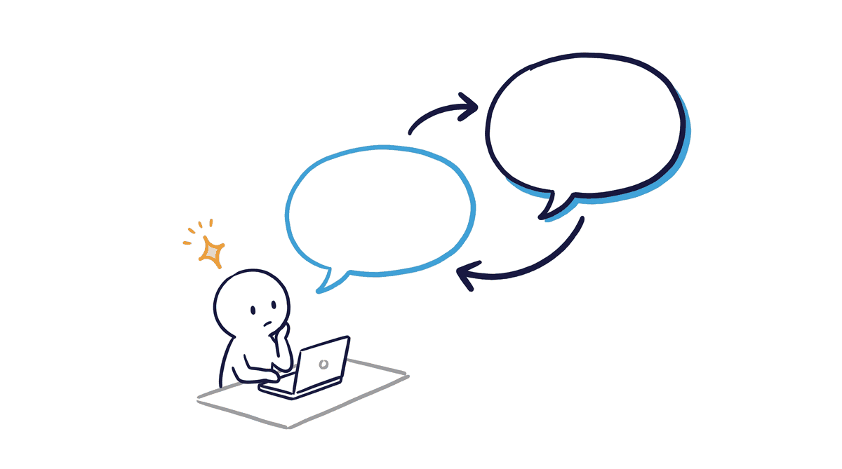 ひとりで詰まっている人と、聞くと答えが返ってくる吹き出しのイラスト