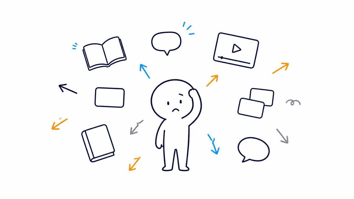 教材や動画が多すぎて選べず困っている人のイラスト