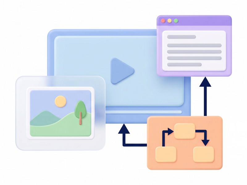 動画の画面の前に、すりガラスのカードに入った画像と、スクリーンショットの画面と、図解のカードが並ぶイラスト