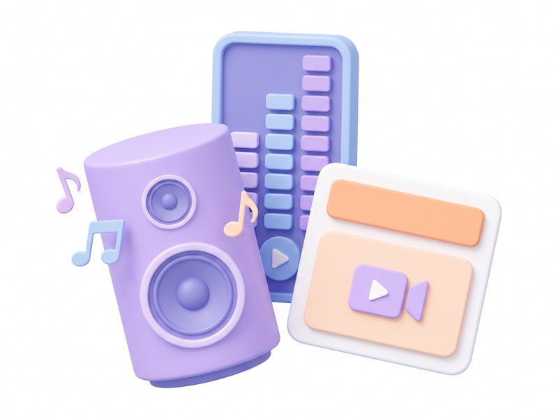 スピーカーと音符、音量のメーター、サムネのカードが並ぶイラスト